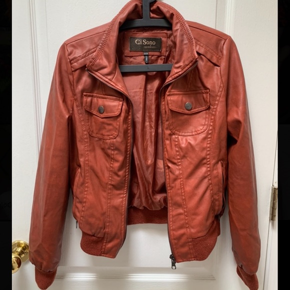 Orange Faux Leather Jacket with Detachable Hood - Picture 2 of 4